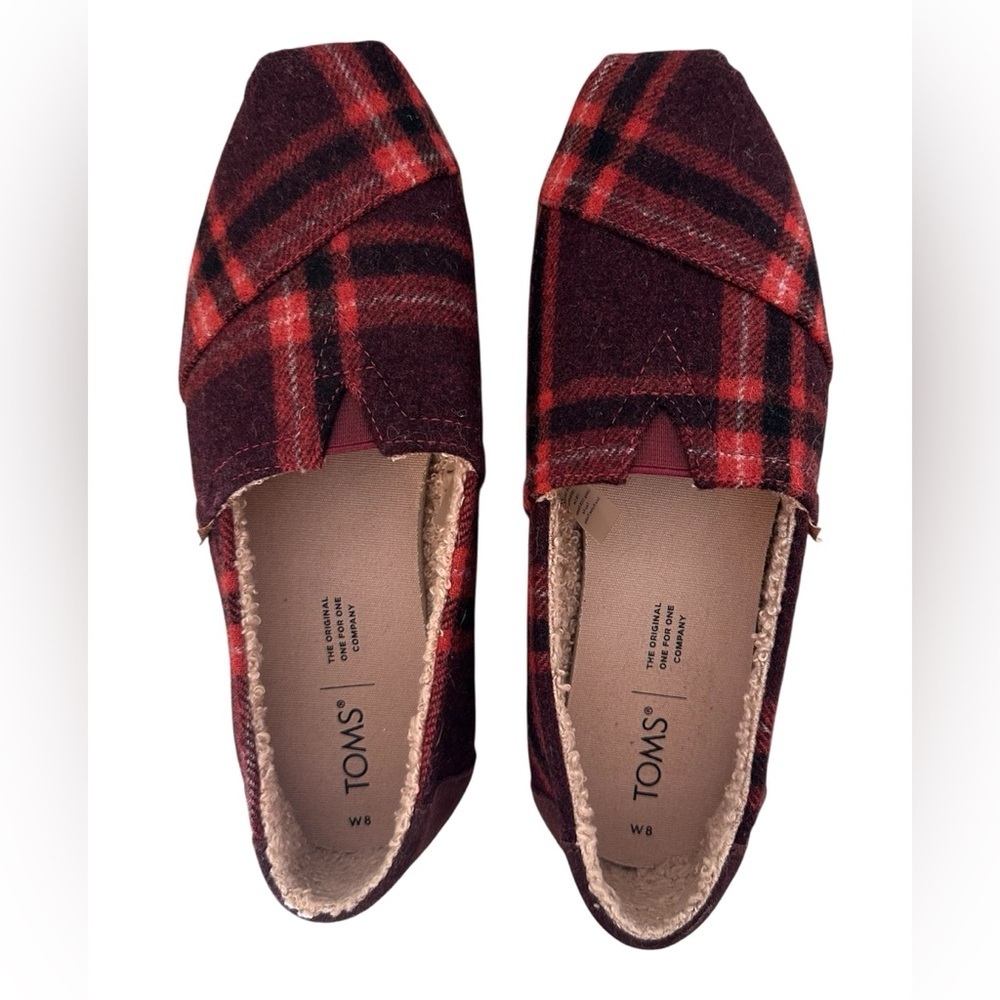 Toms cozy Alpargata Red Black Plaid Flannel Faux Shearling Slip Ons Flats Sz 8 - Picture 7 of 9
